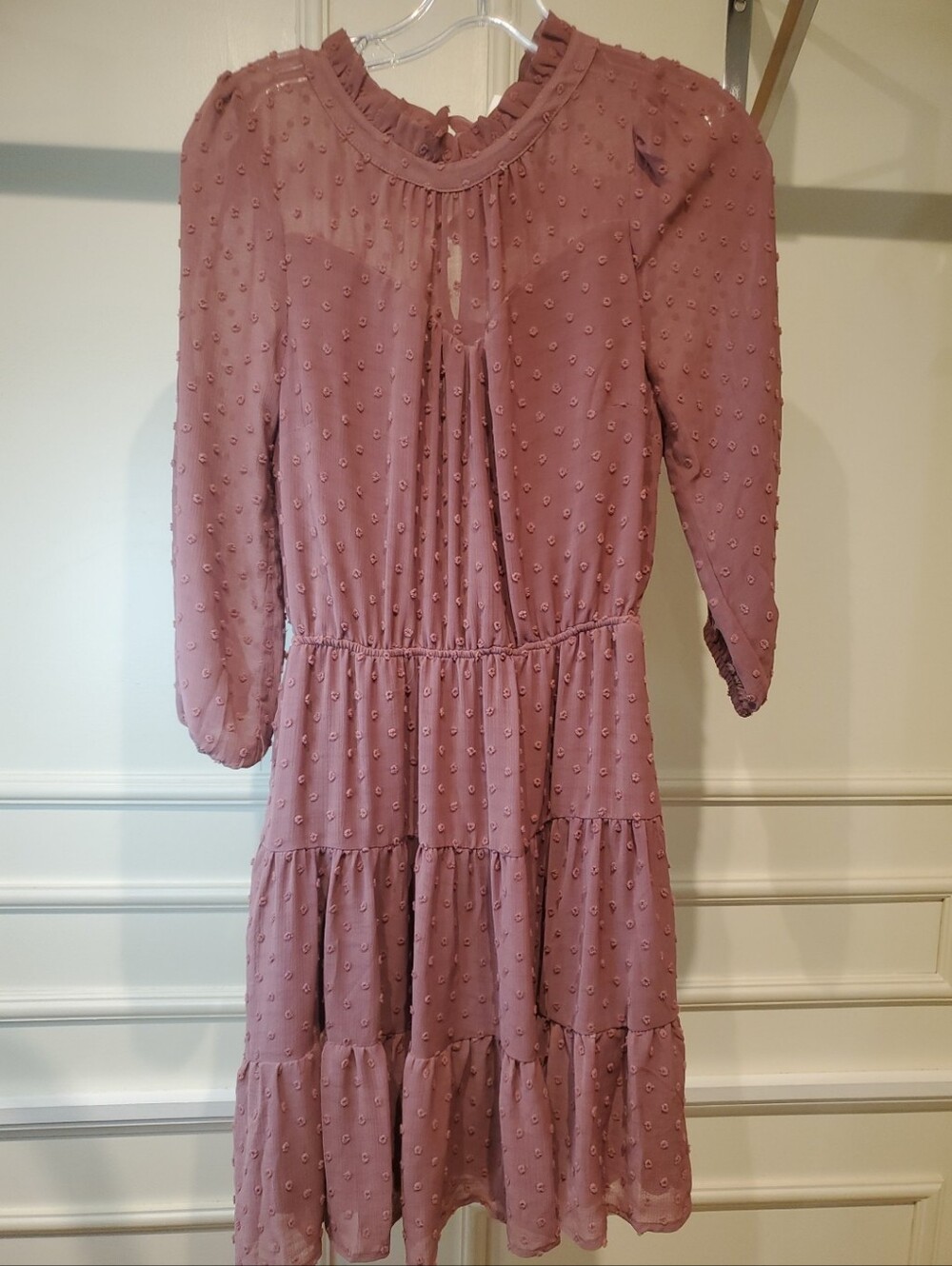 NWT Monteau Mauve Pink Swiss Dot Ruffled Neck Dress Size M